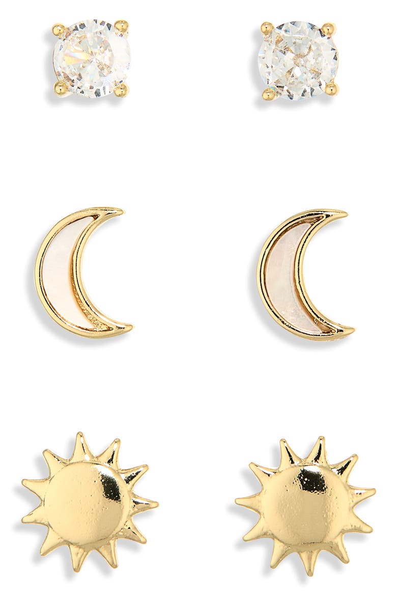 3-Pack Assorted CZ Celestial Stud Earrings, Alternate, color, CLEAR- GOLD