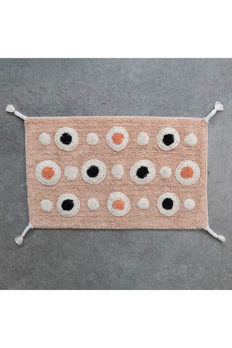 Boho Cotton Tufted Bath Mat with Circle Pattern and Tassels, Alternate, color, Pink