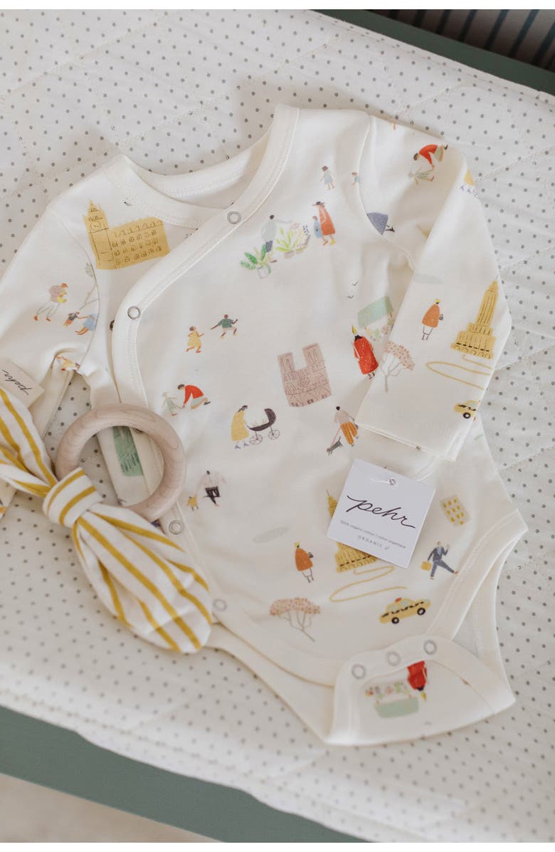 Pehr Explore the World Organic Cotton Wrap Bodysuit, Alternate, color, Explore The World