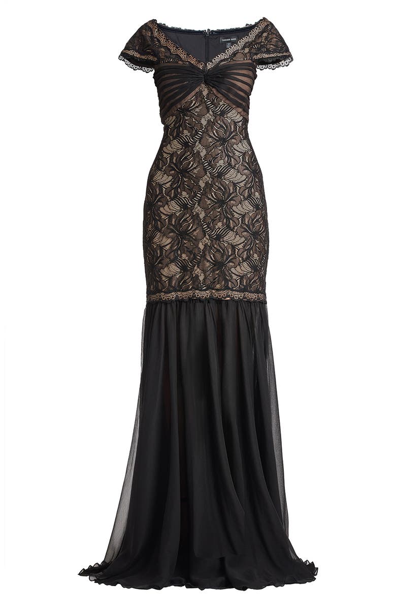 Tadashi Shoji Off the Shoulder Mixed Media Lace Gown, Alternate, color, Black/ Nude