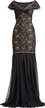 Tadashi Shoji Off the Shoulder Mixed Media Lace Gown