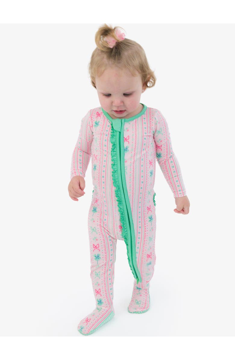 RuffleButts Baby Girls Modal Blend Ruffle One Piece Footie Pajamas, Alternate, color, Clover Bows & Wishes