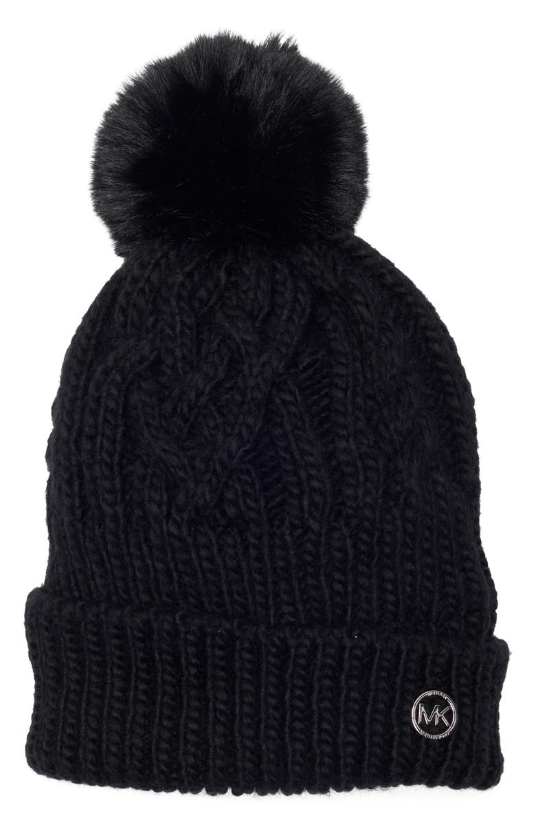 Michael Kors Faux Fur Pompom Beanie, Main, color, 001 Black