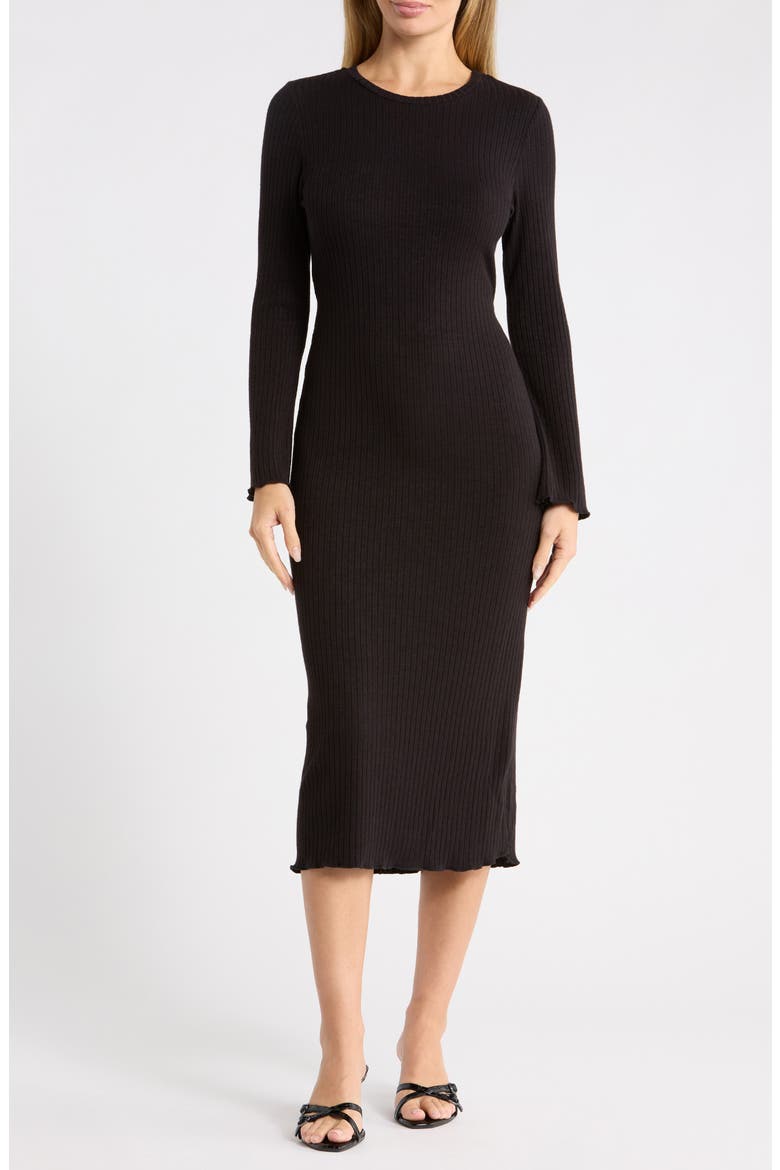 Long Sleeve Ribbed Knit Midi Dress, Main, color, BLACK