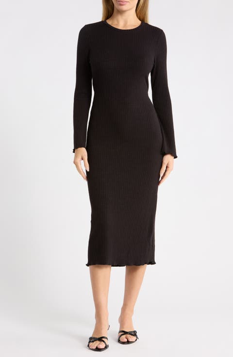 Long Sleeve Ribbed Knit Midi Dress