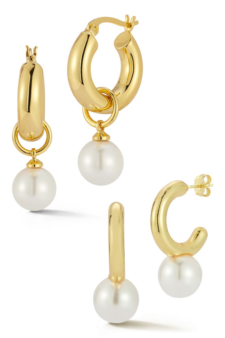 Set of 2 Faux Pearl Drop Huggie Hoop Earrings, Main, color, GOLD