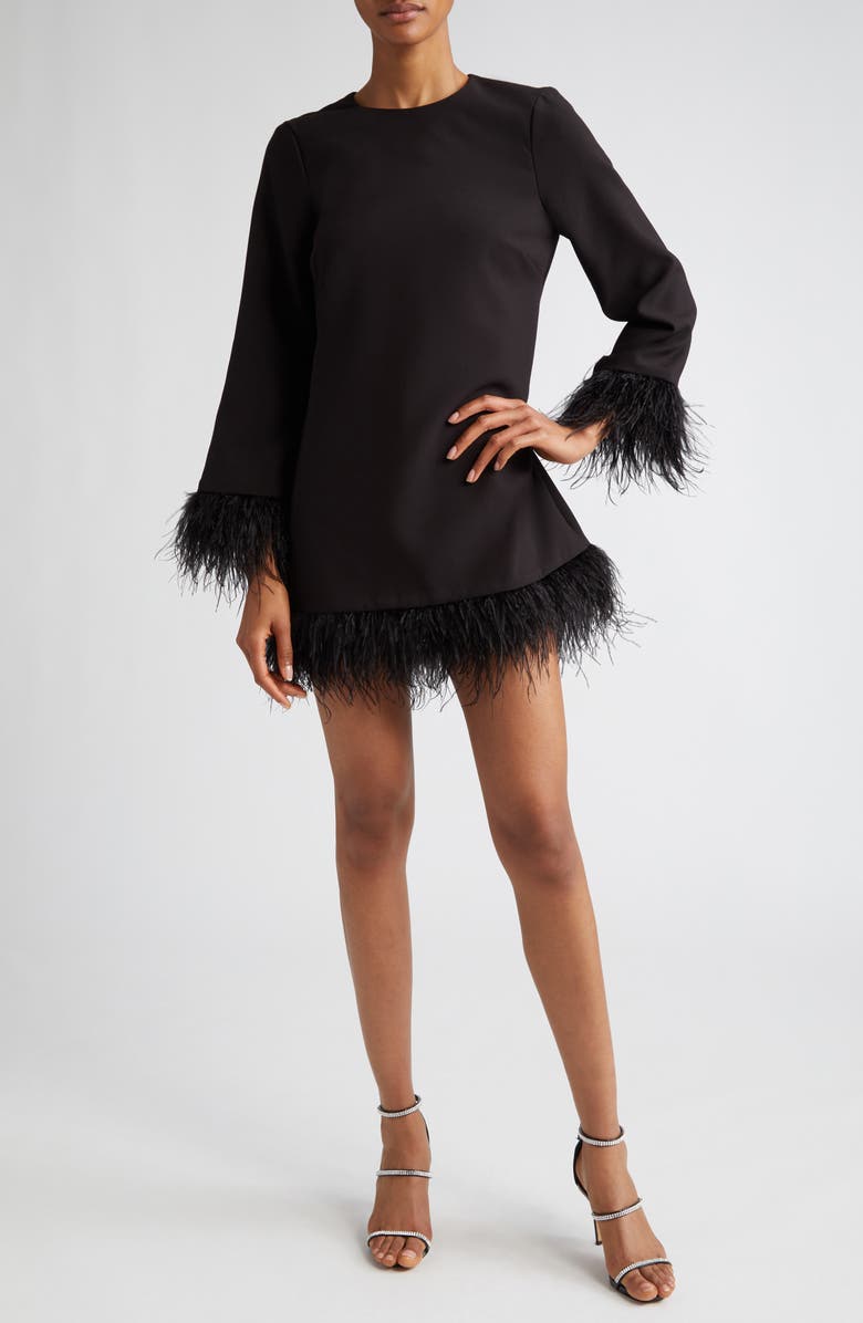 LIKELY Marullo Feather Trim Long Sleeve Dress, Main, color, 