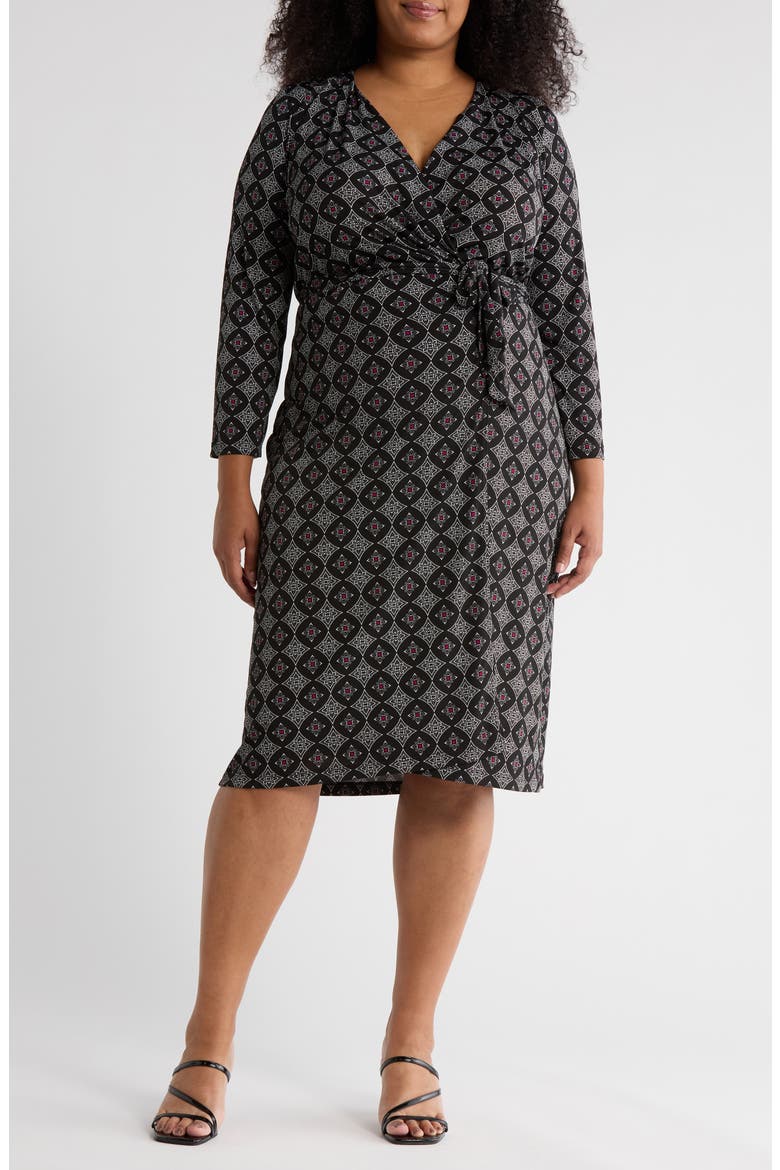 Geometric Long Sleeve Jersey Wrap Dress, Main, color, BLACK
