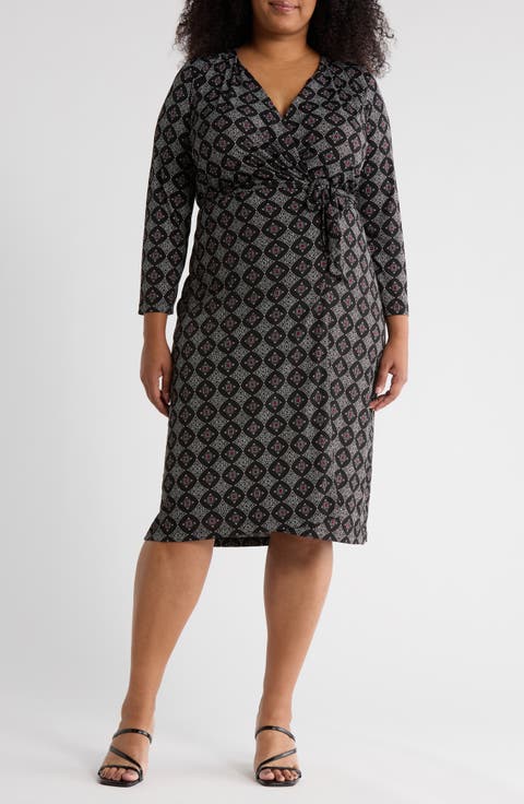Geometric Long Sleeve Jersey Wrap Dress (Plus)