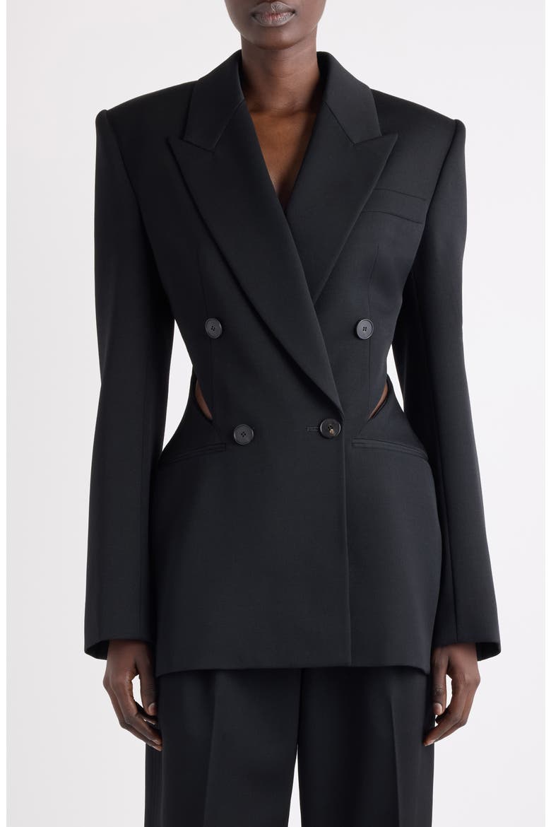 Double Breasted Slashed Wool Blazer, Main, color, BLACK