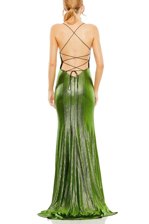 Mac Duggal Metallic Corset Back Column Gown In Apple Green