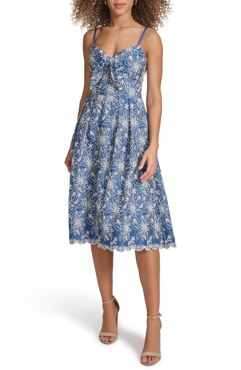 Kensie Embroidered Chambray Dress, Main, color, Chambray/ I
