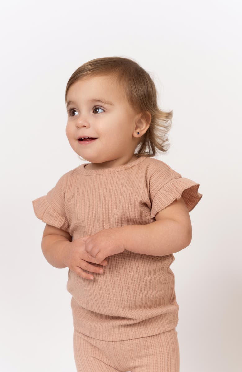 Manière Rib Ruffle Sleeve Cotton Knit T-Shirt & Shorts Set, Alternate, color, Mauve