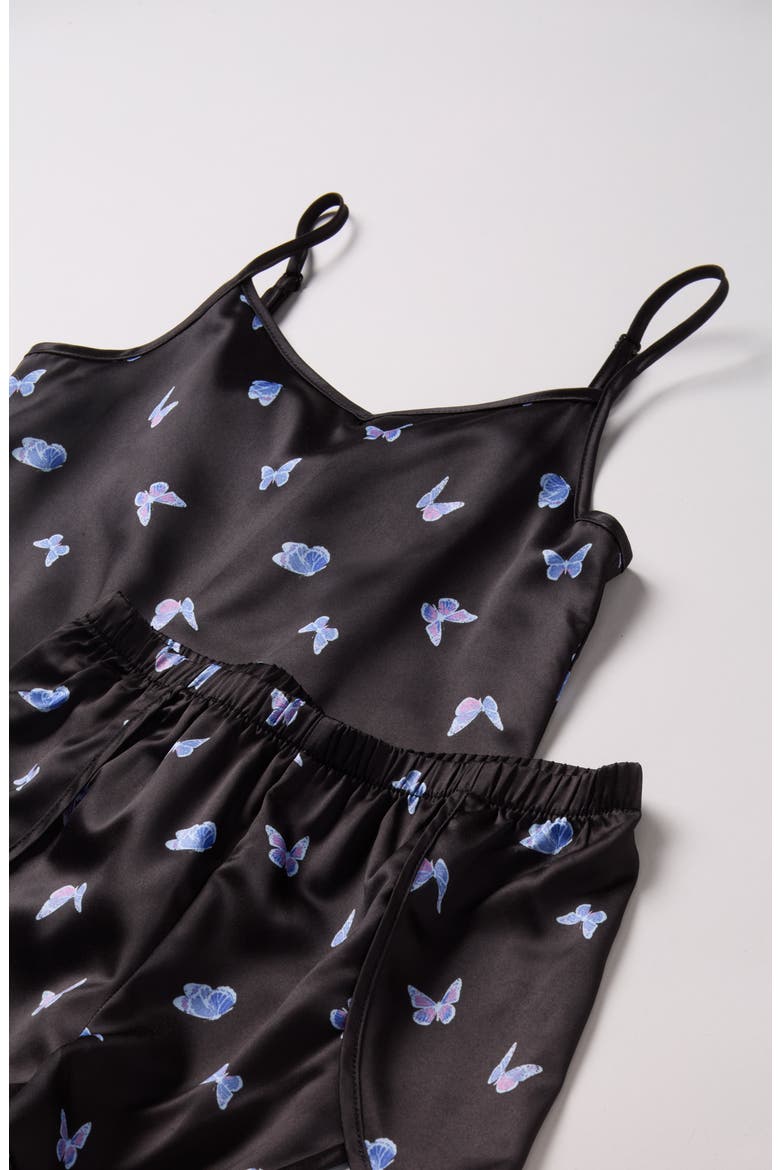 Kids' Print Satin Short Pajamas, Alternate, color, BLACK NIGHT BUTTERFLIES