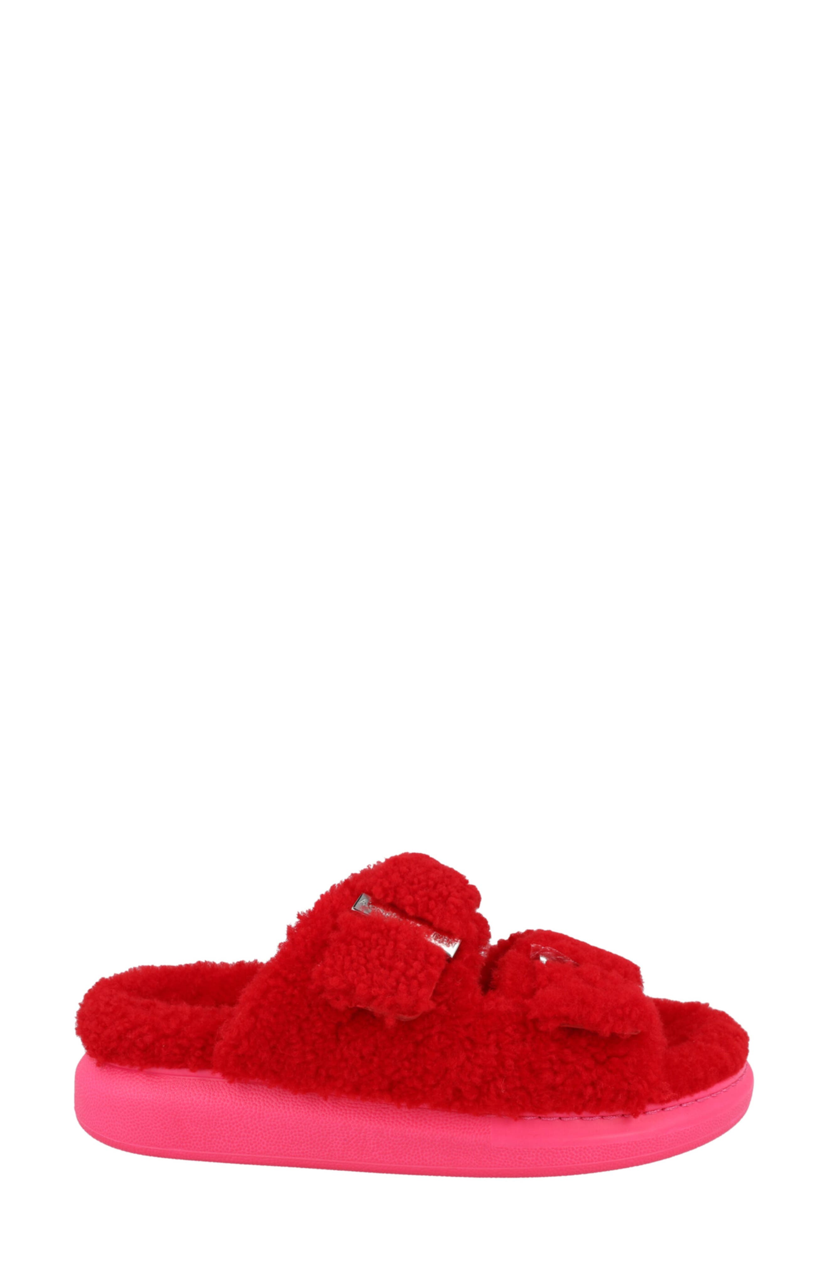 McQueen Genuine Shearling Slide Sandal, Alternate, color, Red Pink Silver