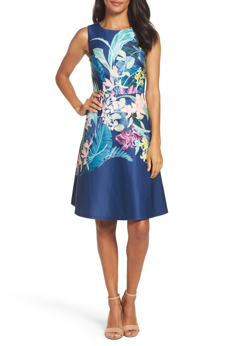 Scuba Fit & Flare Dress, Main, color, NAVY MULTI