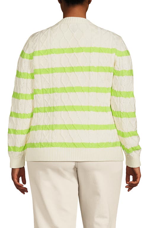 Lands' End Plus Size Aran Cable Crew Neck Sweater In Ivory/limoncello Gulf Stripe