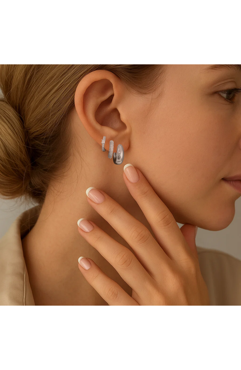 Hollywood Sensation Dainty Huggie Hoop Earrings -3 Pairs, Alternate, color, Silver