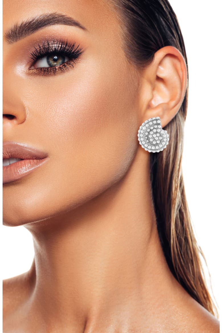 Faux Pearl Shell Stud Earrings, Alternate, color, SILVER