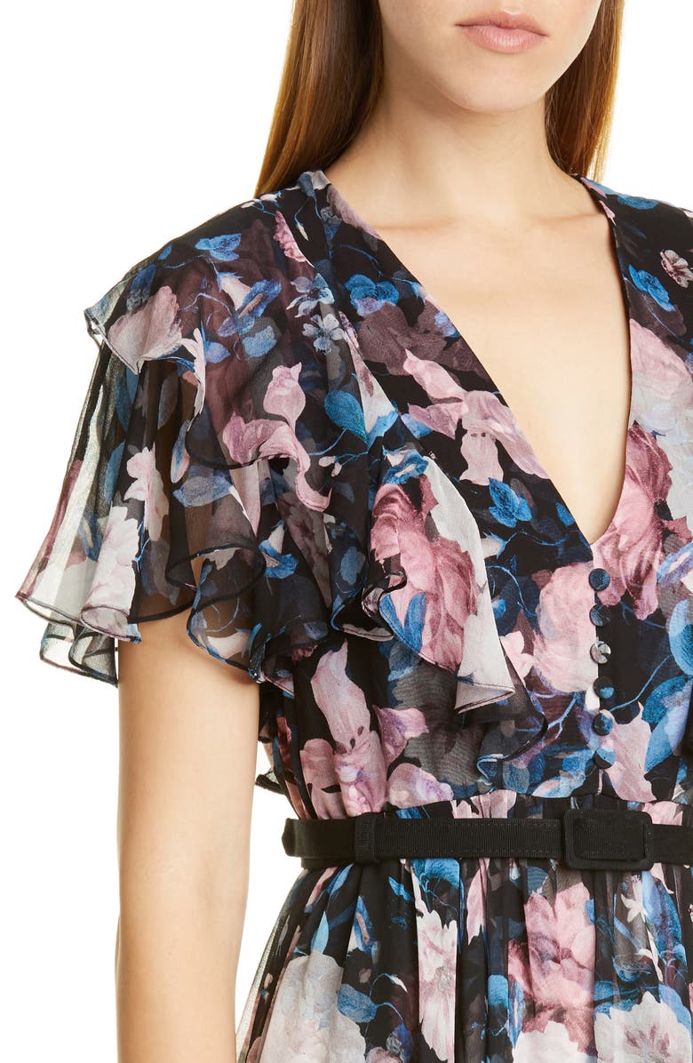 Erdem Floral Ruffle Silk Chiffon Midi Dress, Alternate, color,
