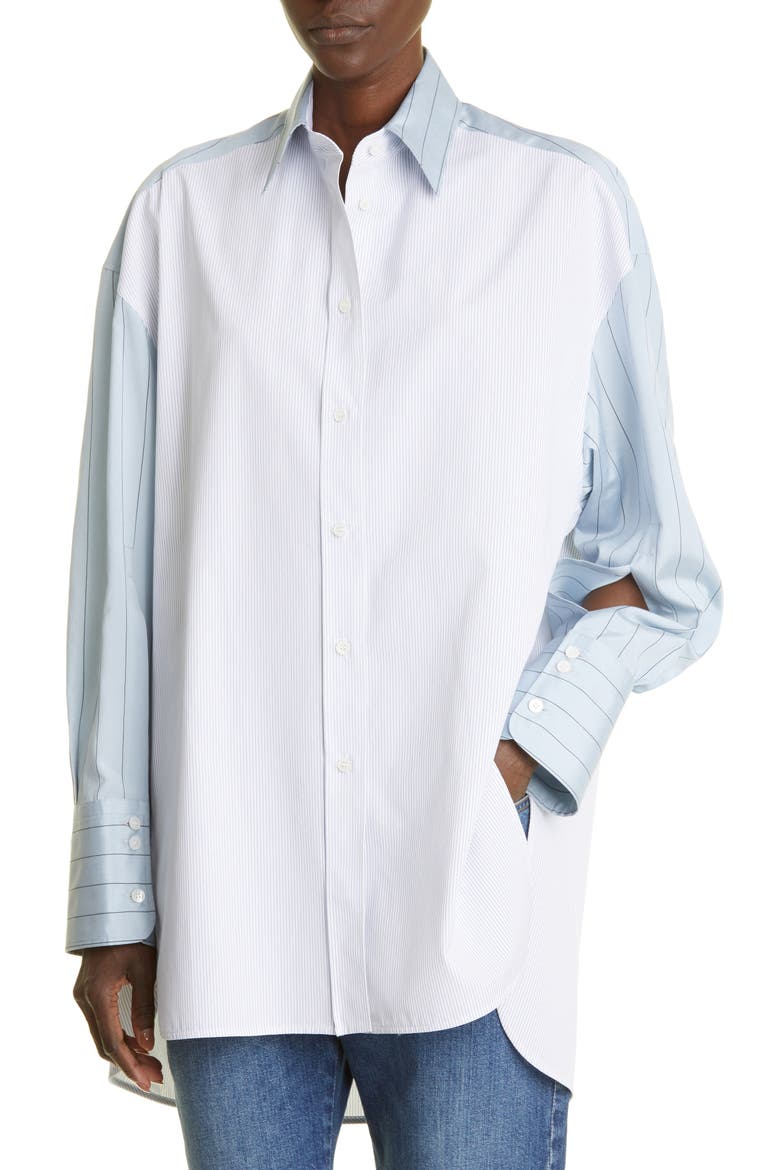 Stripe Oversize High-Low Organic Cotton Button-Up Shirt, Alternate, color, 8519 WHITE/ BLUE