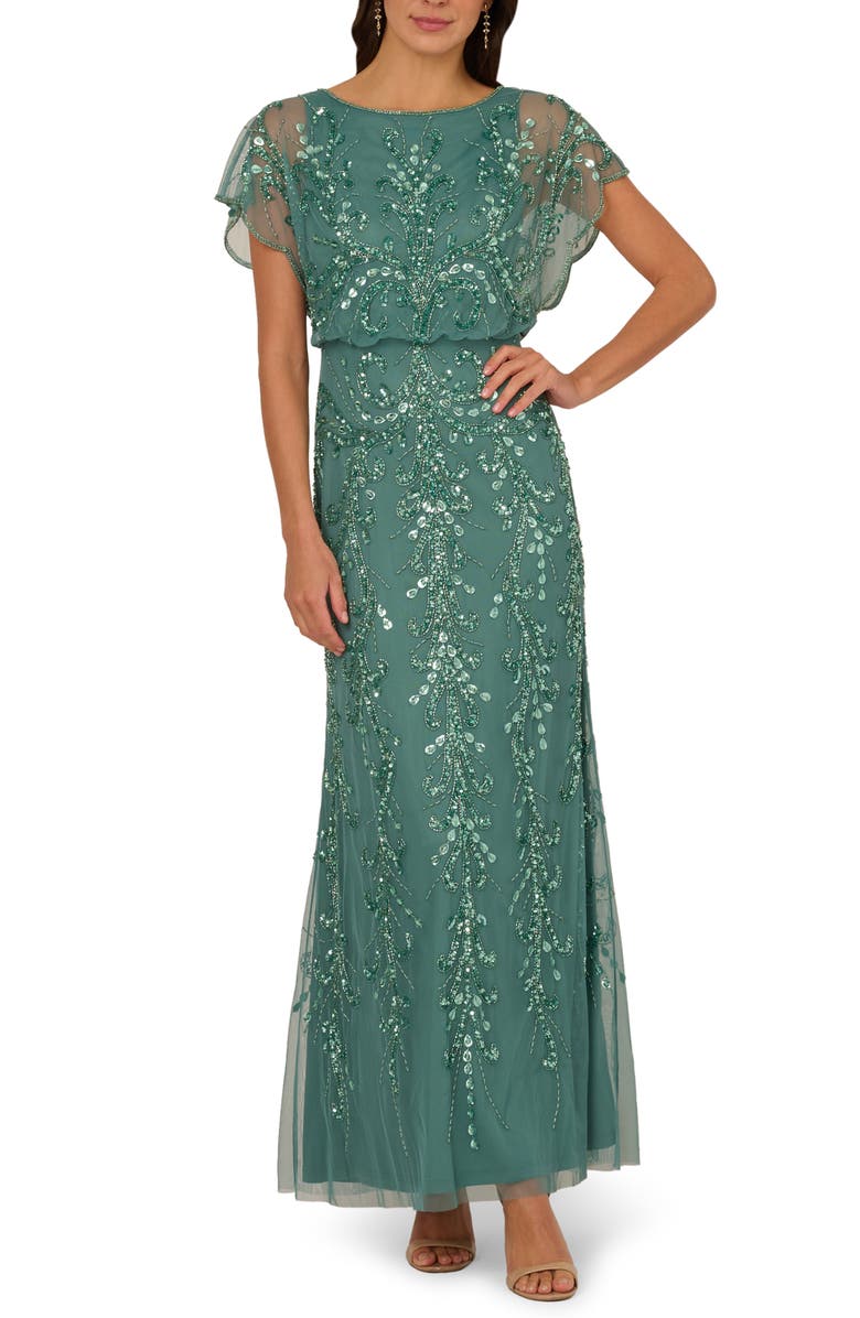 Adrianna Papell Beaded Blouson Bodice Mesh Gown, Main, color, 