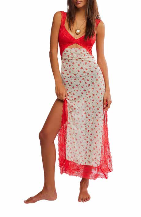 Free People Suddenly Fine Floral Print Cutout Lace Trim Nightgown