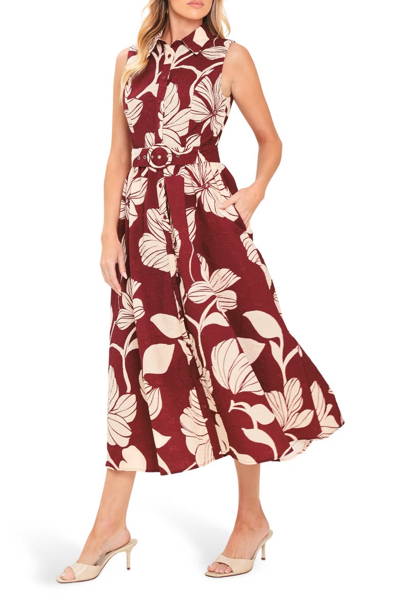 Printed Belted Midi Shirtdress, Alternate, color, BURGUNDY