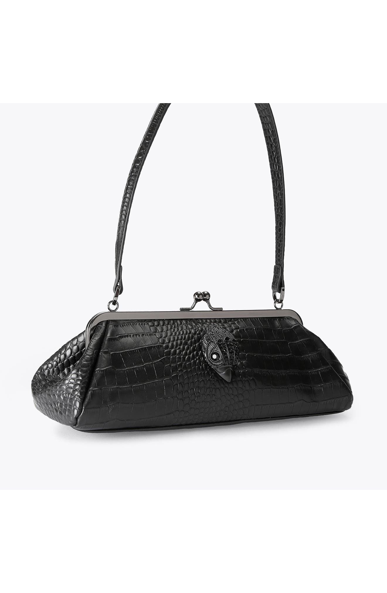 Kensington Croc Embossed Leather Frame Bag, Alternate, color, BLACK