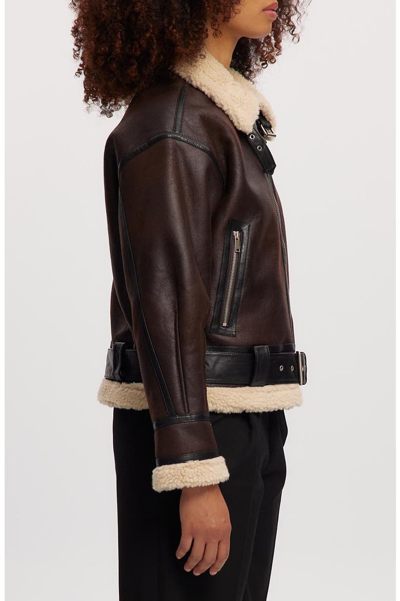 Faux Shearling Trim Faux Leather Jacket, Alternate, color, COGNAC
