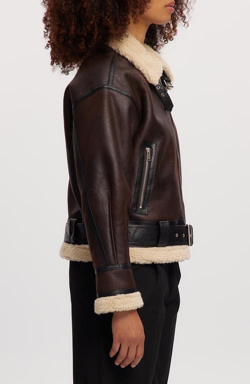 Noize Faux Shearling Trim Faux Leather Jacket In Brown