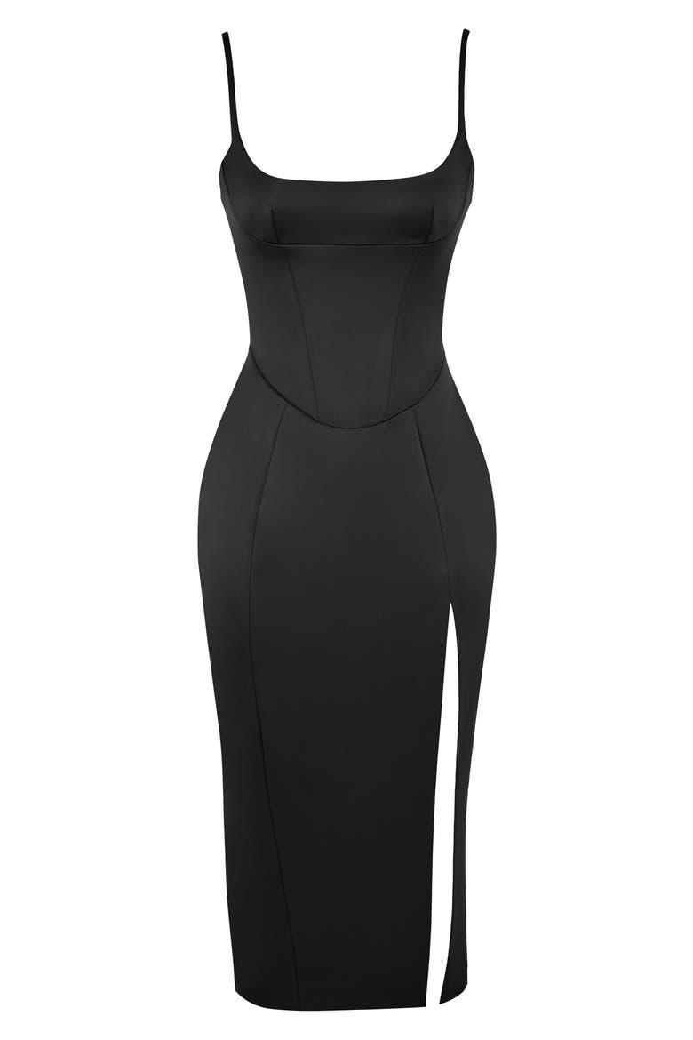 Casimira Satin Corset Midi Dress, Alternate, color, BLACK