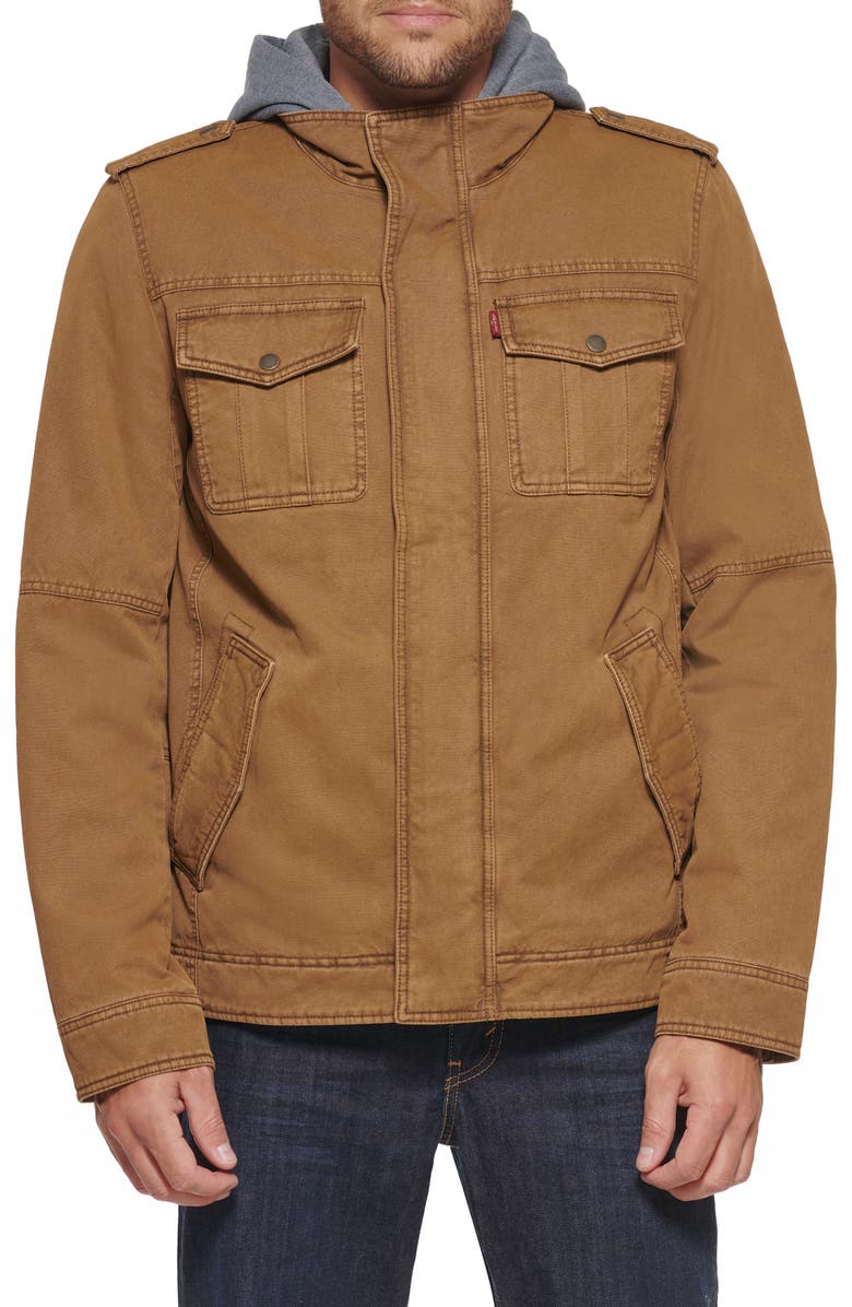 Levi's<sup>®</sup> Washed Cotton Faux Shearling Lined Hooded Military Jacket, Main, color, Brown