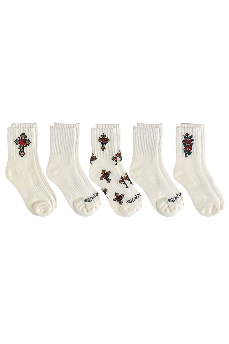 Rose Cross Print Half Cushion Mid Crew Sock 5 Pack, Alternate, color, Ivory