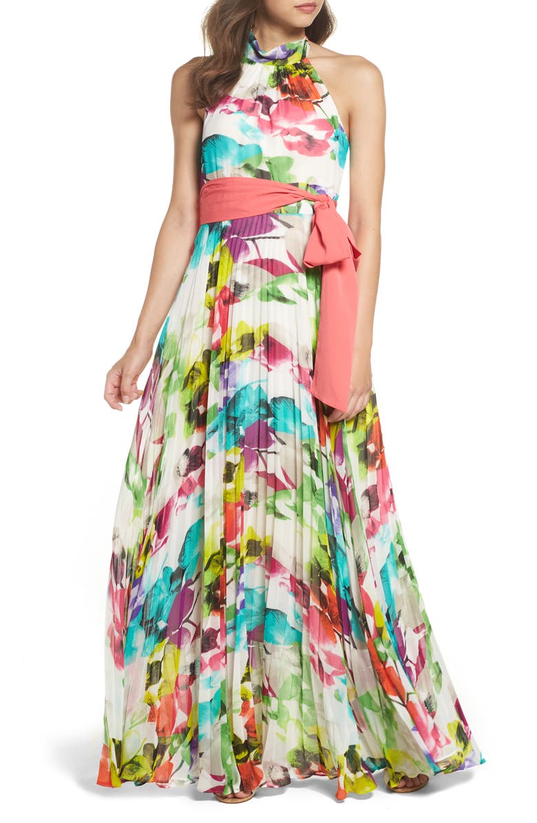 Eliza J Print Chiffon Halter Maxi Dress, Main, color, 