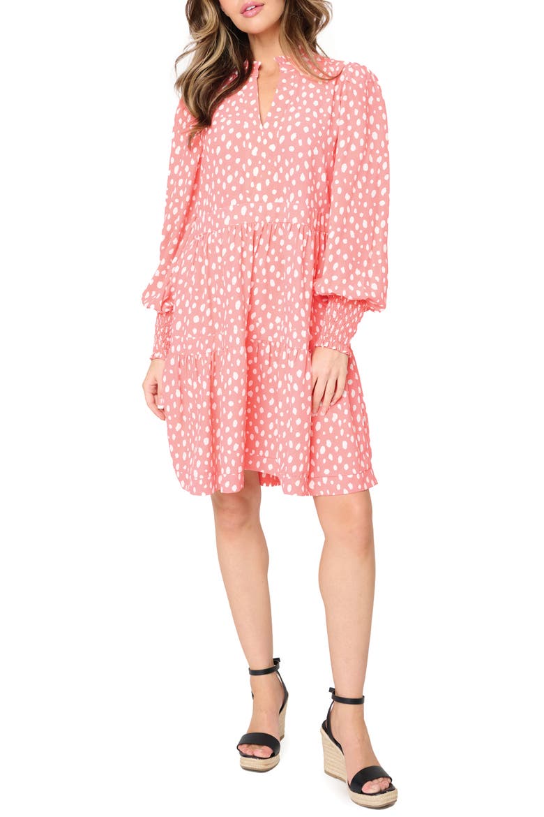 Printed Tiered Long Sleeve Dress, Main, color, CORAL ABTRACT DOT