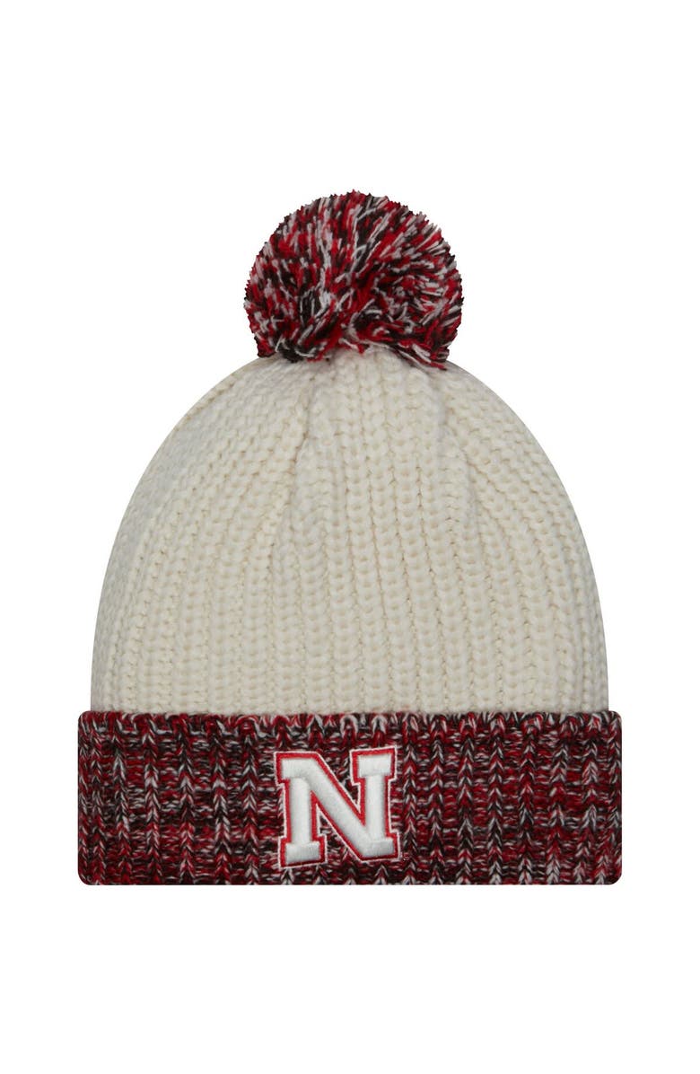 New Era Women's New Era Cream Nebraska Huskers Fresh Cuffed Knit Hat with Pom, Main, color, 
