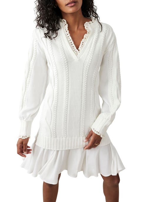 Mint Velvet Cable Knit Gathered Hem Mini Dress In White
