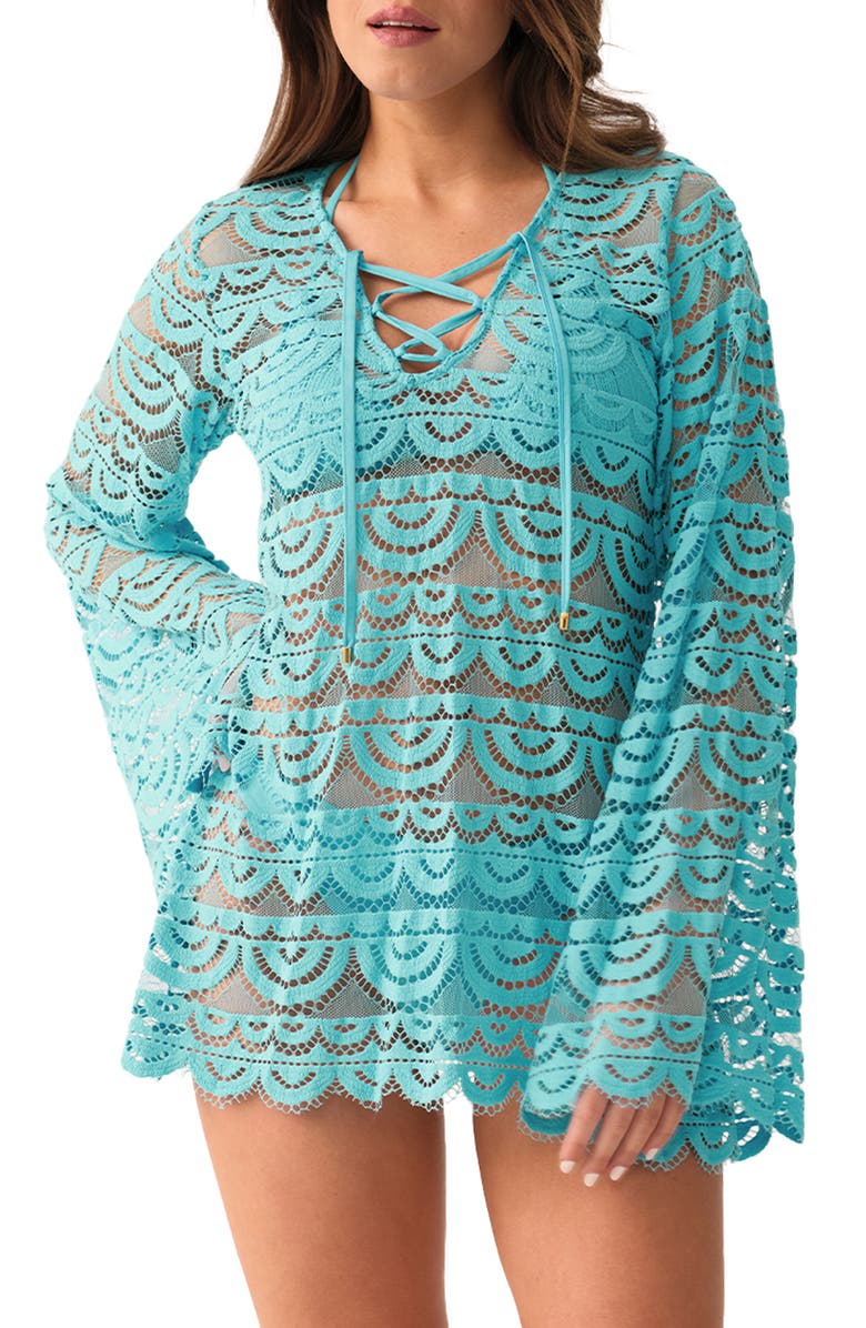 PQ SWIM Noah Bell Sleeve Lace Cover-Up Tunic, Main, color, 