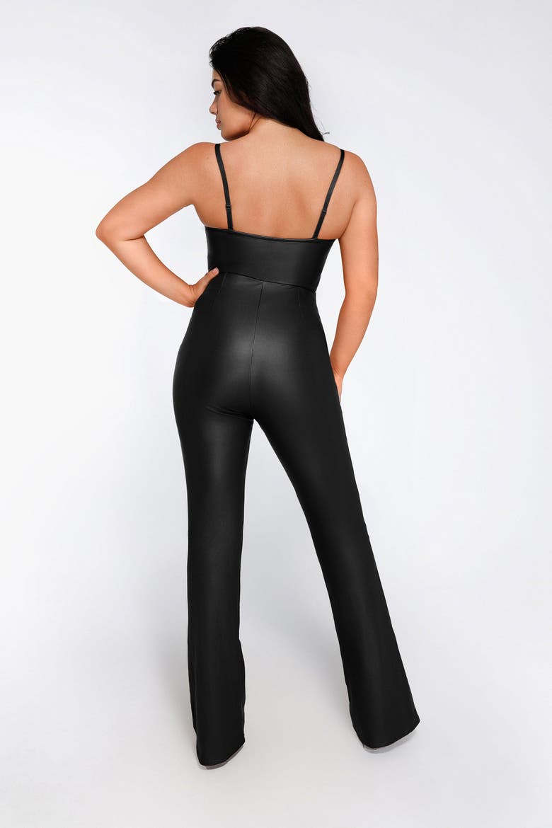 Shapewear Faux Leather Corset Bodice Slimming Jumpsuit, Alternate, color, Midnight Black