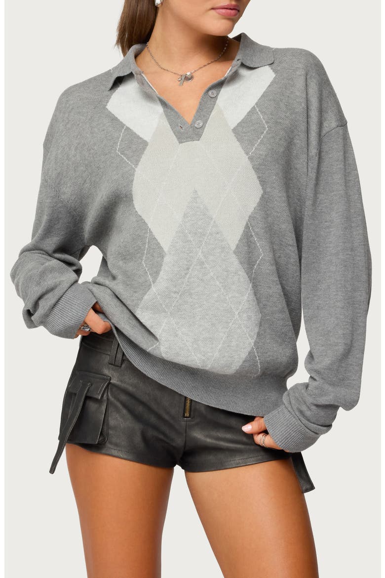 Kati Argyle Oversize Cotton Polo Sweater, Main, color, GRAY-MELANGE