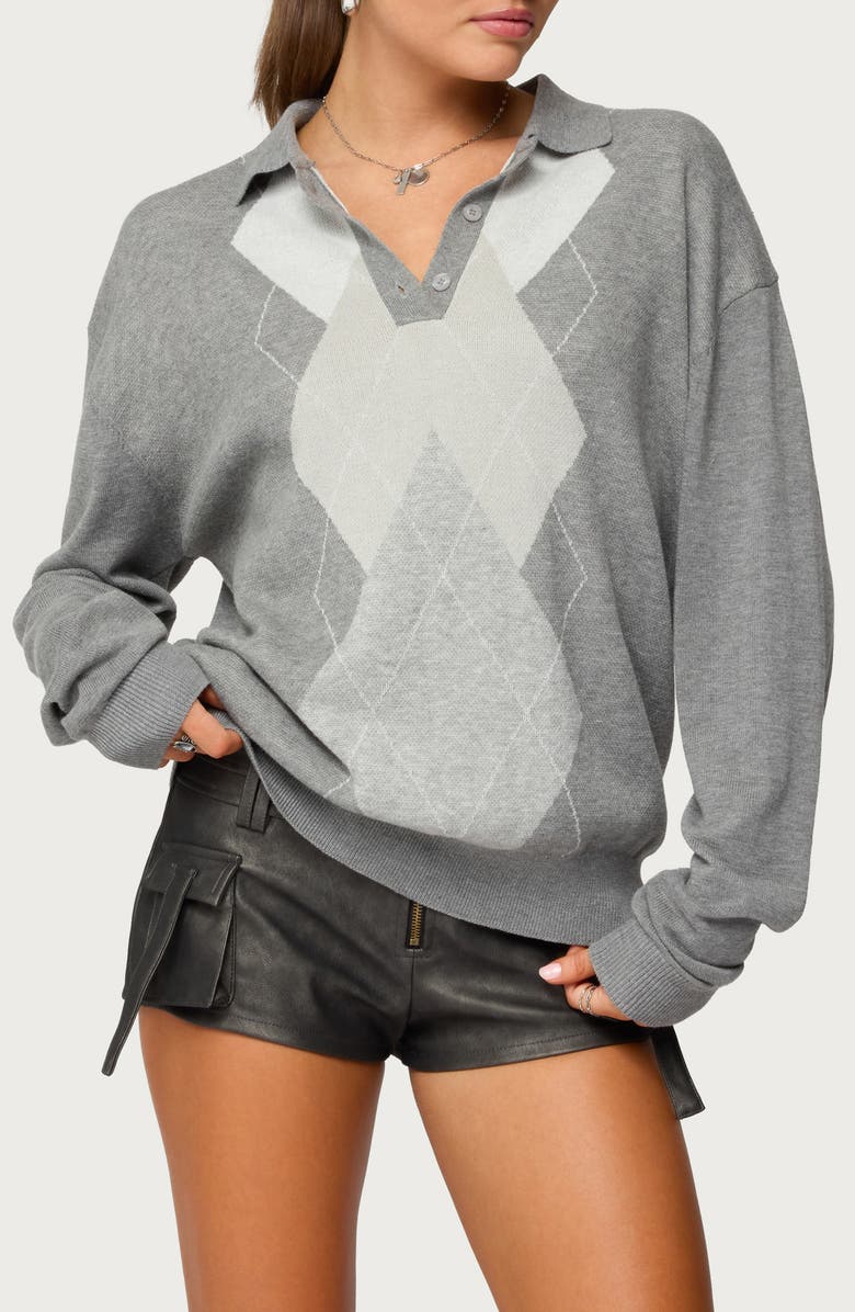 EDIKTED Kati Argyle Oversize Cotton Polo Sweater, Main, color, Gray-Melange