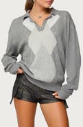 EDIKTED Kati Argyle Oversize Cotton Polo Sweater