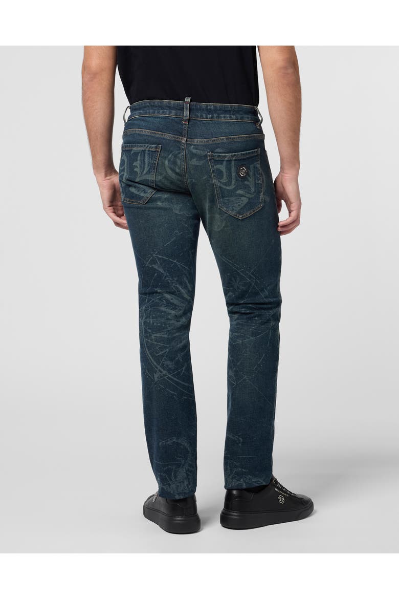 Printed Super Straight Cut Jeans Tattoo Men, Alternate, color, texasblue