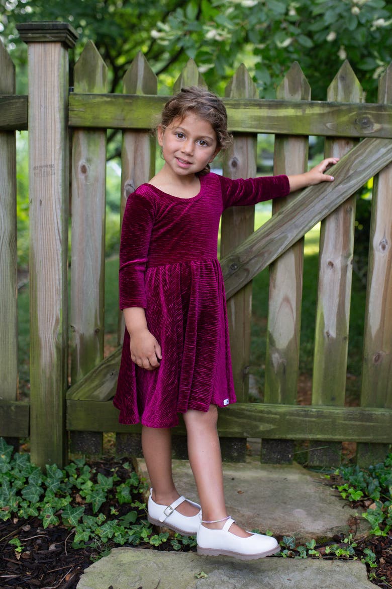 Girls Holiday Bodre Velvet Twirly Dress, Alternate, color, Burgundy