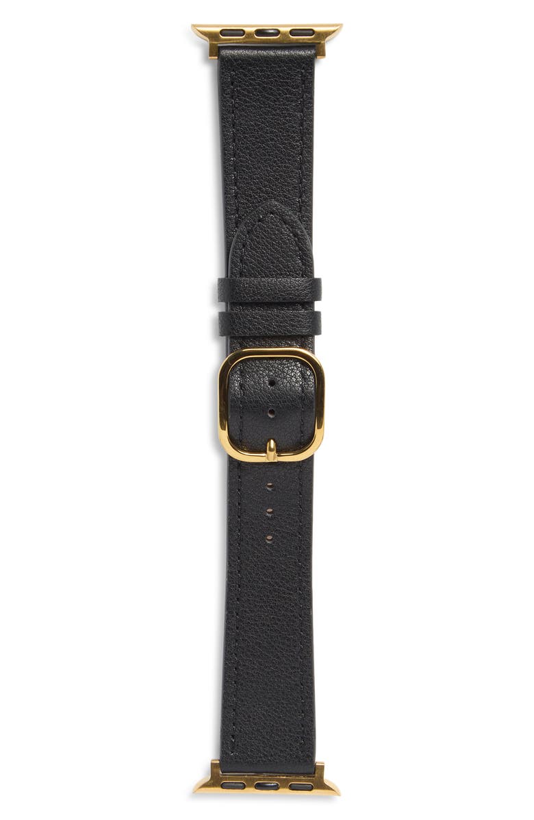 NORDSTROM RACK Leather Apple Watch<sup>®</sup> Watchband, Alternate, color, Black- Gold