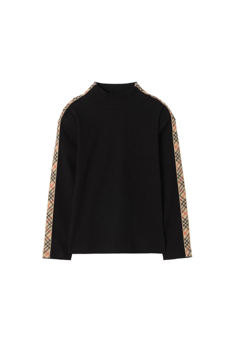 Long-sleeve Check Trim Cotton Top, Main, color, Black