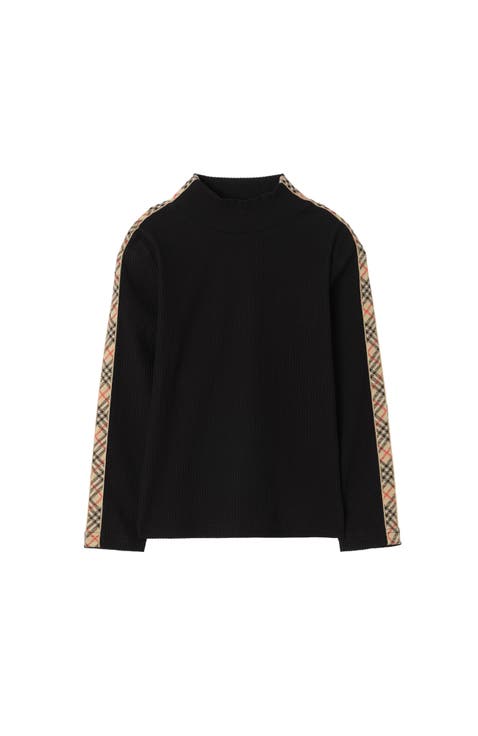 Long-sleeve Check Trim Cotton Top