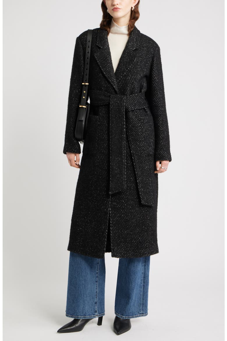 Belted Textured Trench Coat, Alternate, color, BLACK- IVORY TWILL