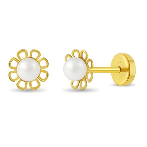 18k Freshwater Pearl Flower Girl Earrings